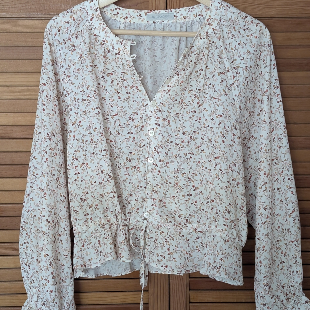 Outerknown Brown Tan Tie Front Blouse